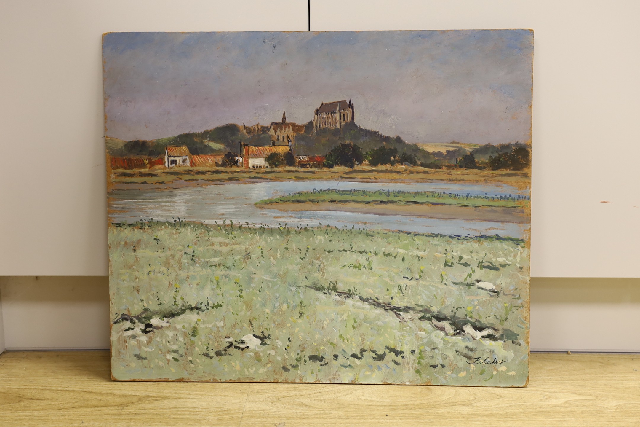 Michael Blaker (1928-2018) - Lancing College from the river Arun, oil on board, signed, unframed, 51 x 61cms.